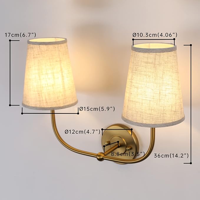 2-Lights Wall Sconces with Funnel Linen Fabric Shades, Double Light Wall Lamps for Bedroom Living Room Vanity Bathroom Hallway Stairway