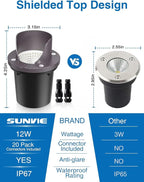 SUNVIE 12 Pack Low Voltage Landscape Lighting 12W LED Outdoor In-Ground Waterproof Shielded Well Lights Warm White Paver Lights with Wire Connectors for Pathway Garden Yard Fence Deck