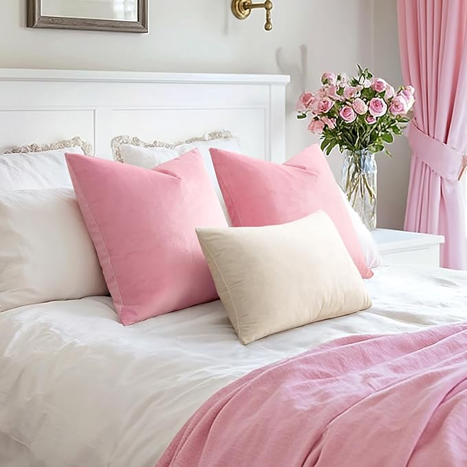 EMEMA Pack of 2 Velvet Throw Pillow Covers Decorative Square Pillowcase Soft Solid Cushion Case for Sofa Bedroom Chair Car 18x18 Inch Bright Pink