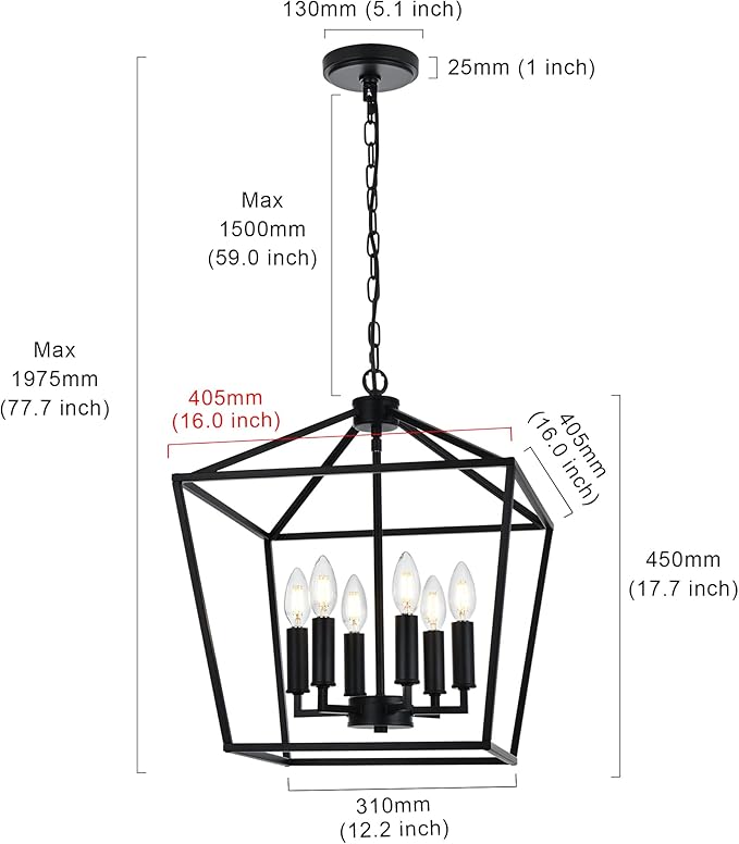MELUCEE 6-Light Black Farmhouse Chandelier 16 Inches Cage Hanging Lights Rustic Lantern Pendant Lighting for Kitchen Island Dining Room Foyer Hallway, E12 Base