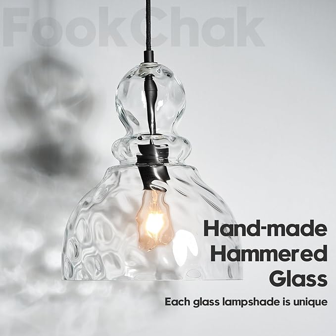 Hammered Glass Pendant Light for Kitchen Island Black Pendant Hanging Light 10inch Large Glass Pendant Lights for Kitchen Sink Dining Room Hallway Entrance, 10in, E26