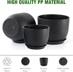 WOUSIWER Plant Pots 10/9/8 inch, Set of 3 Modern Decorative Plastic Planters with Drainage Holes and Saucers for House Plants Indoor Flowers Plants, Black