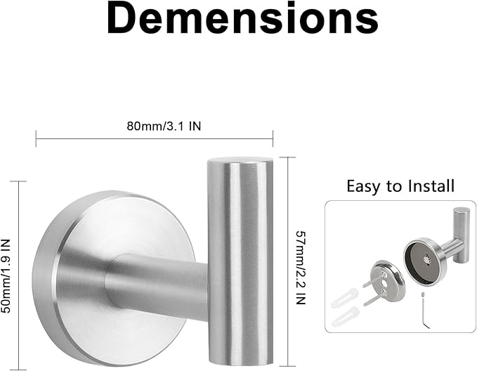 NearMoon Bath Towel Hooks- SUS 304 Stainless Steel Robe Hook Holder, Heavy Duty Coat Hook for Bathroom Livingroom Hotel Kitchen Garage, Wall Mounted- 4 Pack (Brushed Nickel)