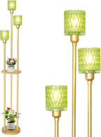 HMVPL Vintage Floor Lamp with Shelves, Gold Floor Lamp with Table, Mid Century Standing Lamp with Green Glass Shade, On/Off Switch, Boho Corner Lamp for Living Room, Brass Tall Lamp for Bedroom Office