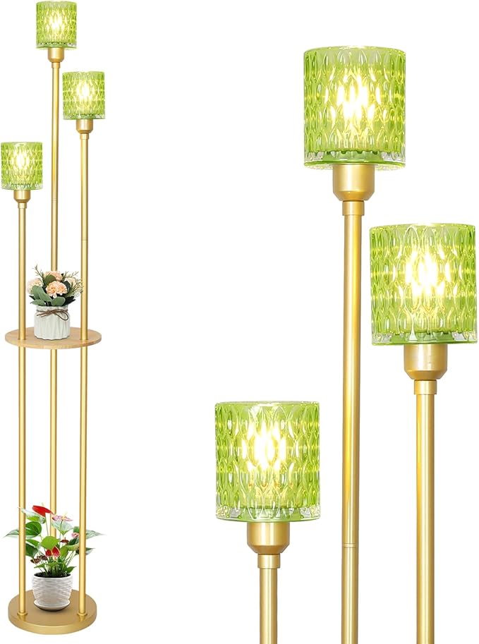 HMVPL Vintage Floor Lamp with Shelves, Gold Floor Lamp with Table, Mid Century Standing Lamp with Green Glass Shade, On/Off Switch, Boho Corner Lamp for Living Room, Brass Tall Lamp for Bedroom Office