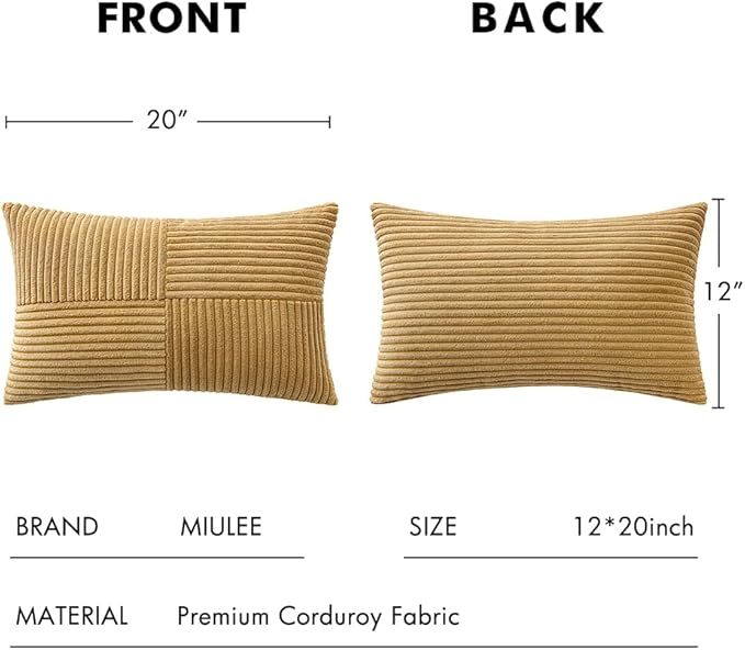 MIULEE Khaki Corduroy Pillow Covers Pack of 2 Boho Decorative Spliced Throw Pillow Covers Soft Solid Couch Pillowcases Cross Patchwork Textured Cushion Covers for Living Room Bed Sofa 12x20 inch