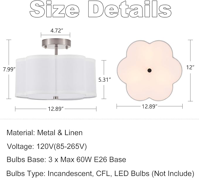 Modern Drum Semi Flush Mount Ceiling Light Fixture Modern 3-Lights Linen Drum Ceiling Lighting with Chrome Finish, Vintage Modern Ceiling Light for Laundry Room, Kitchen, Basement, Bedroom
