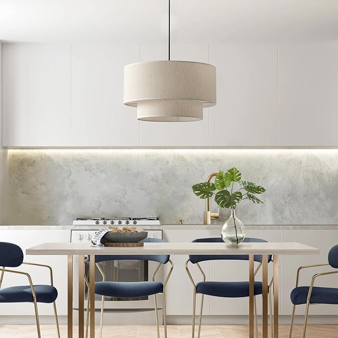 20" Farmhouse Pendant Light Fixtures, 2-Tier Drum Pendant Lighting with Linen Lampshade, 3-Light Modern Hanging Chandeliers for Dining Room, Living Room, Bedroom, and Kitchen