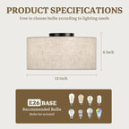 13inch Semi Flush Mount Ceiling Light Fixture,3-Light Ceiling Mount Drum Light Fixture with Linen Shade,Modern Close to Ceiling Lamps for Living Room, Bedroom, Dining Room,Hallway