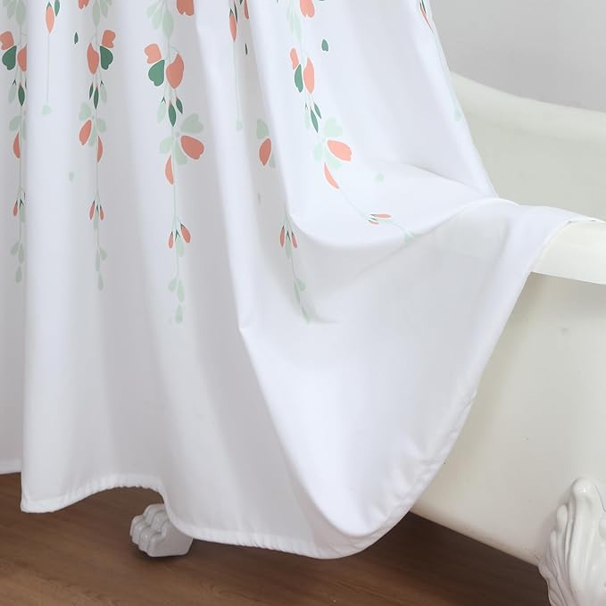 Extra Long Fabric Shower Curtain, Orange and Sage Green Floral Shower Curtains for Bathroom, Waterproof Bathroom Curtains, 72" W x 84" H