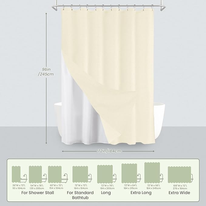 Inhousolu Boho Farmhouse Shower Curtain with Fabric Liner Set, Faux Linen Textured, 14 Metal Hooks Luxury Weighted Hem, Washable Wrinkle Free Bath Curtain for Hotel Bathroom 72" W x 96" L Ivory