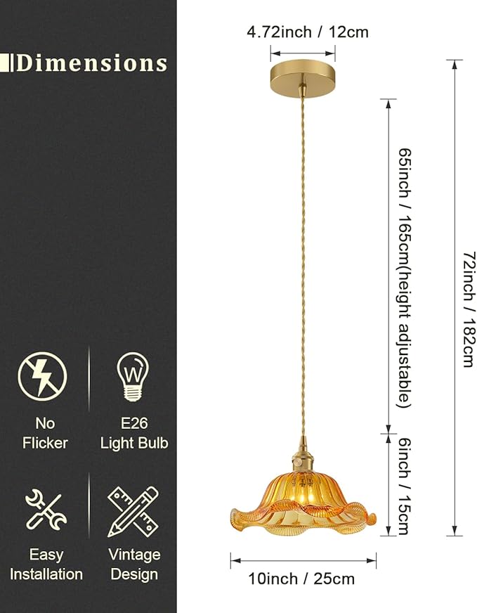 Vintage Glass Pendant Light，Green Flower Ceiling Pendant Light，Gold Adjustable Hanging Wire for Kitchen Island Dining Room Bedroom Hallway (10Inch - Amber(A))