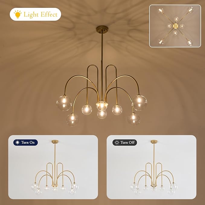 Modern Sputnik Light Fixture 8 Lights Luxury Gold Chandelier Large L41” Mid Century Clear Glass Globe Ceiling Pendant Light for Foyer Staircase Living Dining Room Kitchen