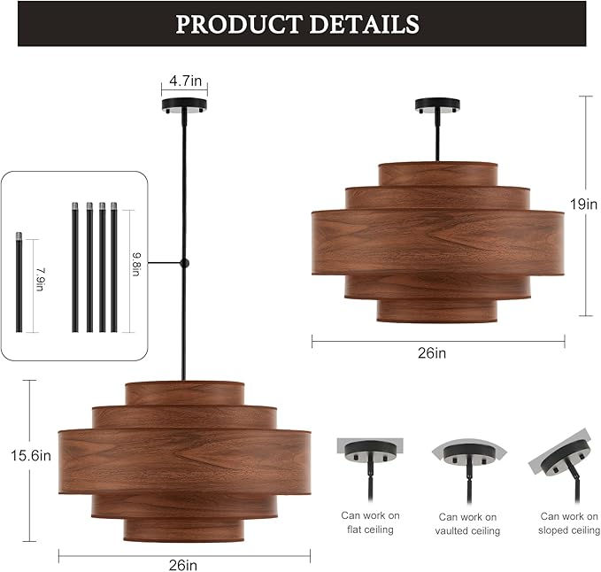 Farmhouse 26" Large Drum Wooden Chandelier Vintage 6-Lights Chandelier with Wooden Finish Linen Shade Retro Drum Chandeliers for Dining Room, Kitchen Island, Living Room, Bedroom