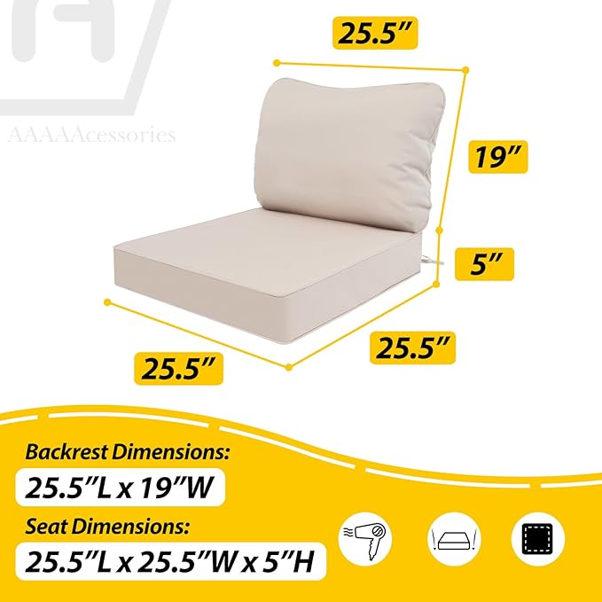 AAAAAcessories Outdoor Deep Seat Cushions, Waterproof, Fade-Resistant Patio Furniture Replacement Cushions, 25.5" x 25.5" x 5" + 25.5" x 19", Set of 4, Khaki Beige