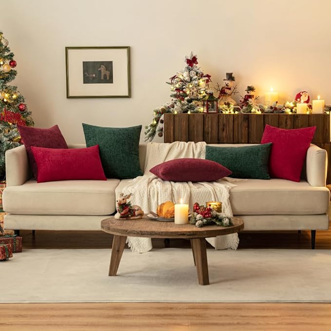 MIULEE Pack of 2 Christmas Couch Throw Pillow Covers 12x20 Inch Soft Wine Red Chenille Pillow Covers for Sofa Living Room Solid Dyed Pillow Cases