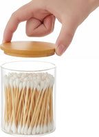 Glass Qtip Holder Dispenser with Bamboo Lid - 2 Pack Apothecary Jars - Cotton Balls Pads Swabs Holder Jar - Bathroom Vanity Canisters Jars for Countertop Storage and Organization