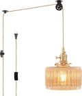 Plug in Pendant Light Hanging Light Fixture Corded On/Off Switch Brass Pendant Light with Amber Striped Glass Lampshade for Bedroom Living Room Kitchen Island
