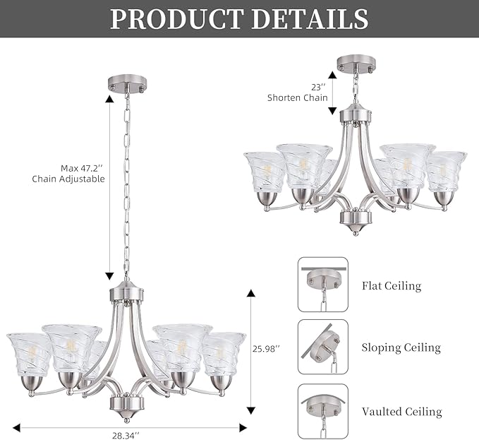 Modern Brushed Nickel Farmhouse Chandelier 6 Light Silver Chandeliers for Dining Room Adjustable Height Hanging Light Fixture with Clear Glass Shade,Pendant Light Fixture for Living Room Hallway Foyer