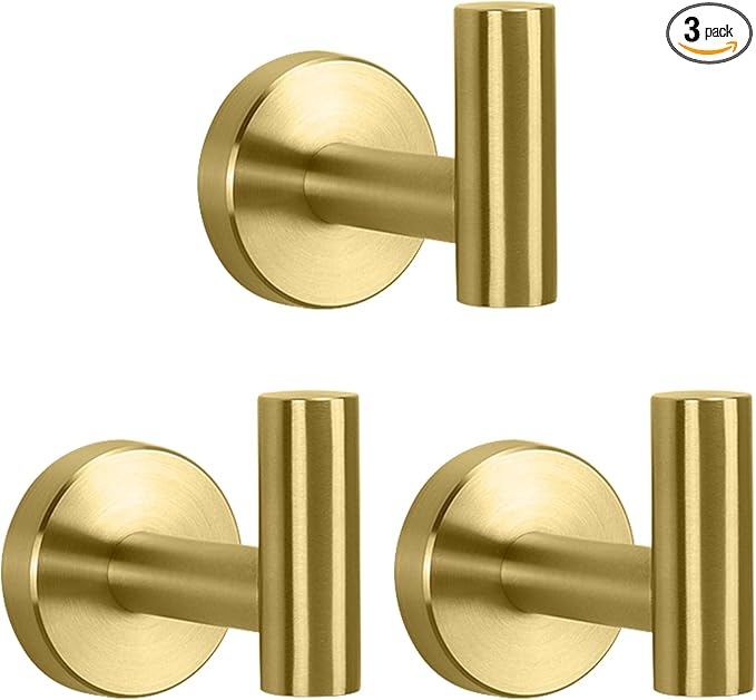NearMoon Bath Towel Hooks- SUS 304 Stainless Steel Robe Hook Holder, Heavy Duty Coat Hook for Bathroom Livingroom Hotel Kitchen Garage, Wall Mounted (Brushed Gold, 3 Pack)