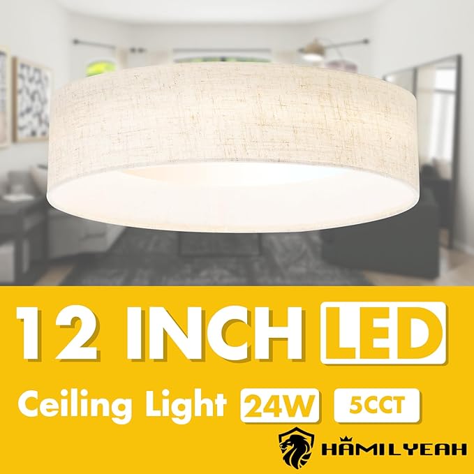 Hamilyeah Flush Mount Ceiling Light Fixture 24W, Dimmable LED Ceiling Light with Beige Fabric Shade 5CCT, 12 inch Drum Light Fixture Ceiling Mount for Living Room, Kitchen, Bathroom, Bedroom