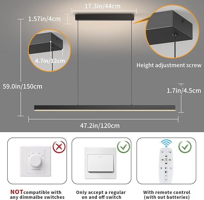 LED Linear Pendant Lights, 47in Island Lighting Fixture 3000k-6000K Dimmable, Chandelier Lamp for Kitchen Dining Room Pool Table Office Bar Garage Workbench