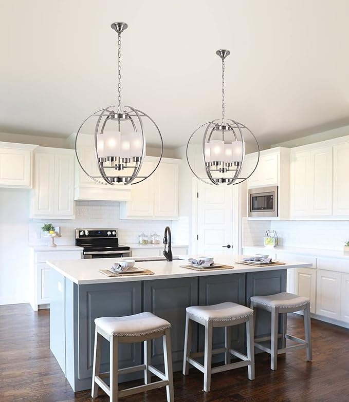 BOZO Brushed Nickel Chandelier Dining Room Lighting Fixtures Modern Foyer 24" Orb Chandeliers 4 Light Hanging Pendant Ceiling Lighting Frosted Glass Shades