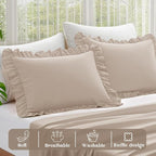 KKJIAF Ruffle Pillow Cases King Size Set of 2, Ruffled Pillow Covers with Envelope Closure, Wrinkle Resistant Pillowcases 20" x 36", Ruffled Pillow Shams, Khaki