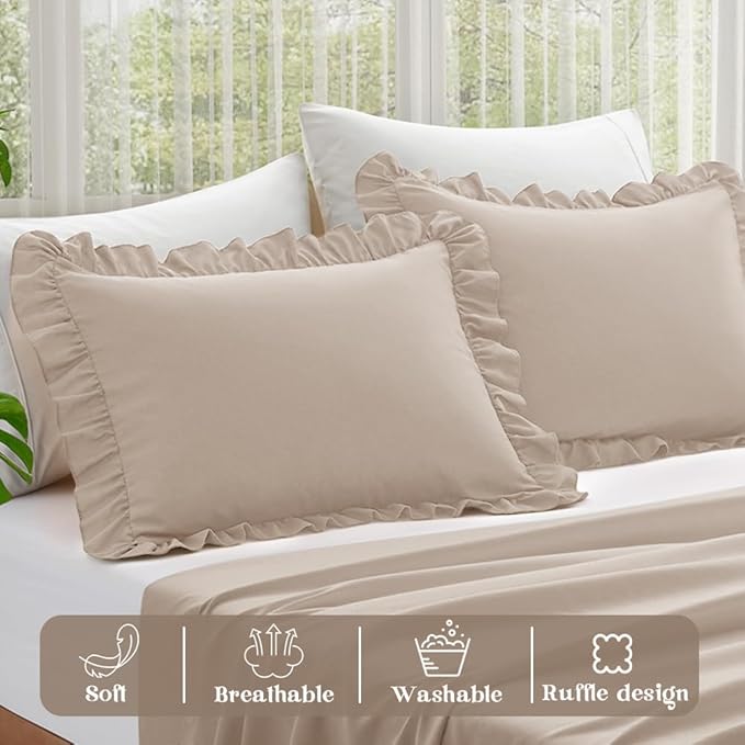 KKJIAF Ruffle Pillow Cases Queen Size Set of 2, Khaki Ruffled Pillow Covers with Envelope Closure, Wrinkle Resistant Pillowcases 20" x 30", Ruffled Pillow Shams