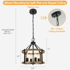 4-Light Farmhouse Chandelier, 12.5 Inch Rustic Black and Vintage Wood Finish Chandeliers for Dining Room Light Fixture, Adjustable Height Hanging Light for Kitchen Island, Entryway, Indoor