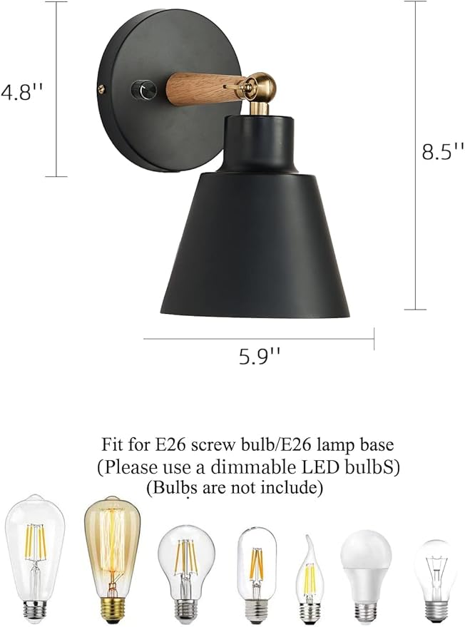 ClanKin Wall Sconces Lighting Fixture, Bedside Wall lamp for Industrial Bedroom, Bathroom Sink Lighting for Bedroom Hallway Living Room(1Pack-Black with On-Off Swtich)