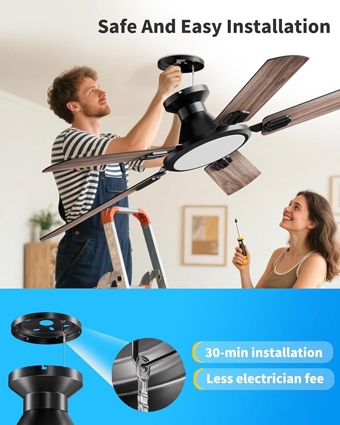 TCL 52" Low Profile Ceiling Fan with Light, Slim, Black, Flush Mount, DC Reversible Motor, 6 Speeds, Remote Control, Noiseless, Dimmable, LED Light, 3CCT, Modern Matte Black Ceiling Fan for Bedroom