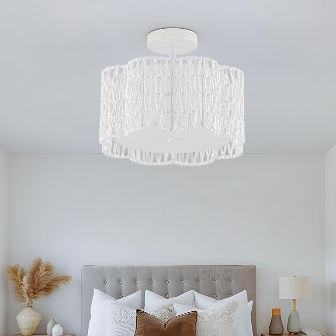 Tbaoinla✿ 13.8＂ Handwoven Rattan 3-Light | White Boho Flush Mount for Small Bedroom & Nursery, Midnight Blossom Woven Ceiling Light, Natural Fiber Bedroom Fixture, Low Profile Rattan Lighting