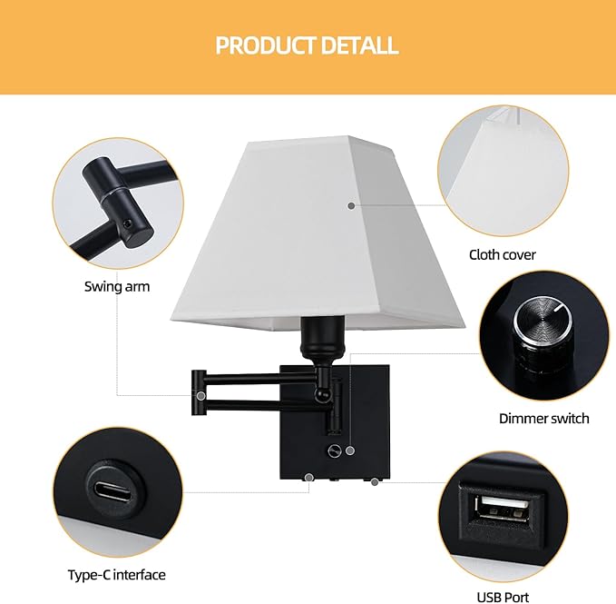 Swinging arm Wall lamp, Fabric lampshade, with Plug and dimming Rotary Switch, USB and Type-C Charging Port, Suitable for Bedside, Living Room, Hotel and Bedroom Wall Lamps