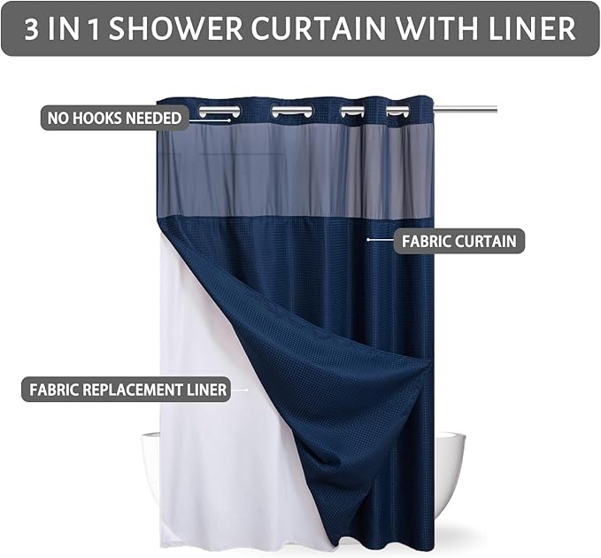 No Hook Waffle Weave Shower Curtain with Snap in Fabric Liner Set,Heavy Duty Textured Bathroom Curtain with See Through Window,Waterproof & Machine Washable,Navy Blue,Stall 36x72 Inch