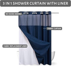 No Hook Waffle Weave Shower Curtain with Snap in Fabric Liner Set,Heavy Duty Textured Bathroom Curtain with See Through Window,Waterproof & Machine Washable,Navy Blue,71x78 Inch