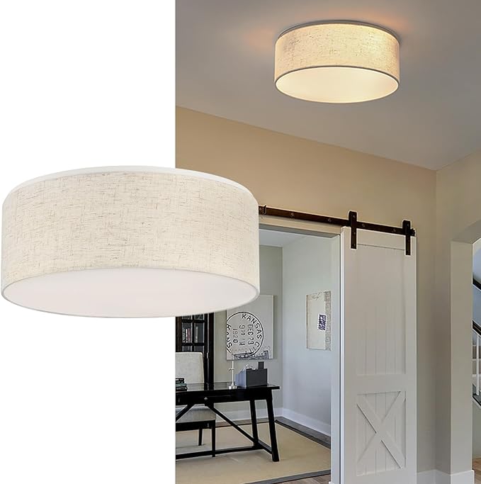 Luupyia 3-Lights Drum Ceiling Light Fixture 12.6 Inches, Vintage Unique Semi Flush Mount Ceiling Lighting with Fabric Drum Shade, Farmhouse Chandeliers for Bedroom, Hallway, Entry, Foyer E26 60W