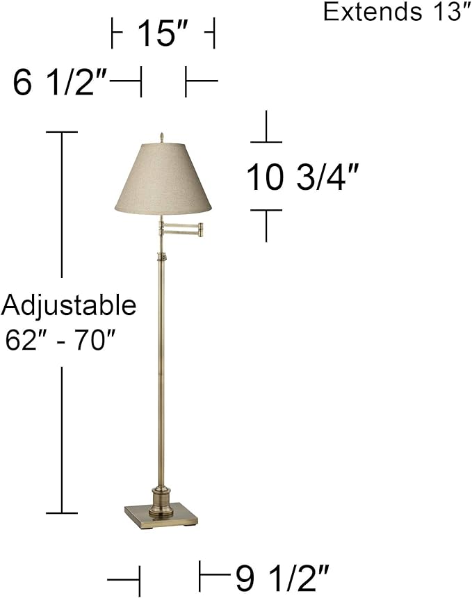 360 Lighting Westbury Traditional Swing Arm Floor Lamp Adjustable Height 70" Tall Antique Brass Fine Burlap Cotton Blend Fabric Empire Shade Decor for Living Room Reading House Bedroom Home