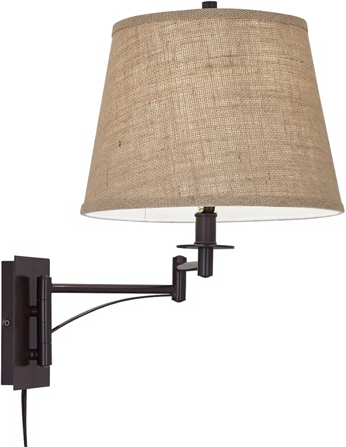 Franklin Iron Works Brinly Farmhouse Rustic Swing Arm Wall Lamp Matte Brown Metal Plug-in 12" Fixture Burlap Hardback Drum Shade for Bedroom Bedside Living Room Hallway Dining House Reading