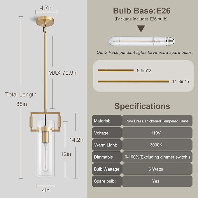 Modern Brass Island Pendant Light, 12'' Glass Pendant Lights, Gold Kitchen Island Pendant Light Fixture, Farmhouses Pendant Light, for Kitchen, Dining,Bathroom,Bedroom,Bulb Included