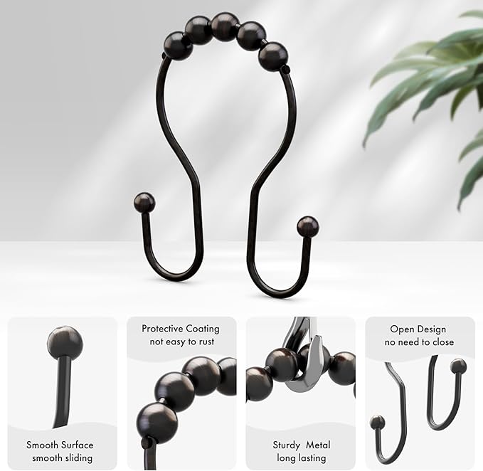 AmazerBath Shower Curtain Hooks, Shower Curtain Rings, Metal Bronze Shower Curtain Hooks Rust Proof, Smooth Glide Double Shower Hooks for Shower Curtain, Shower Rod Hooks 12Pcs