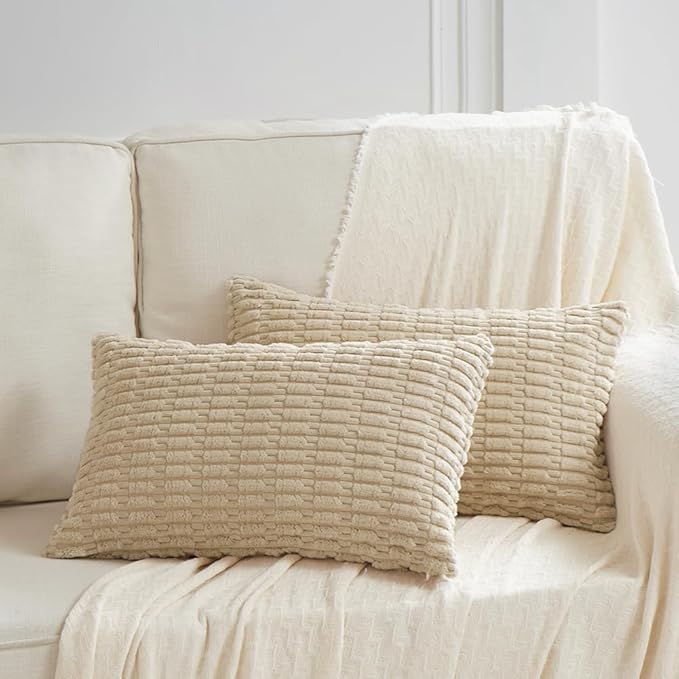 Fancy Homi Tan Lumbar Decorative Throw Pillow Covers 14x24 Inch for Living Room Couch Bed Sofa, Rustic Farmhouse Boho Home Decor, Soft Striped Corduroy Rectangle Cushion Case 35x60 cm