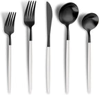 Lemeya Matte Black White Silverware Set for 6,Modern Stainless Steel Brushed Cutlery Set,30-Pieces Heavy Duty Flatware Set,Knives Spoons and Forks Set Utensils Set, Satin Finish, Dishwasher Safe