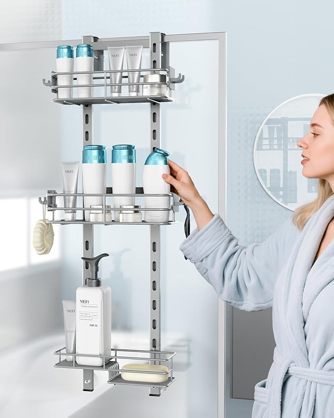 Nieifi Over the Door Shower Caddy, Adjustable 3 Tier Hanging Shower Organizer with Soap Holder Bathroom Shelves with Hooks, Gray