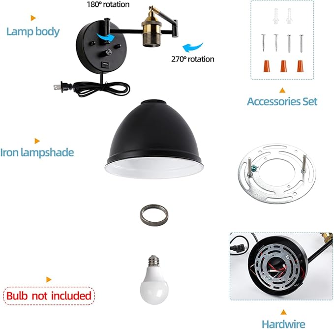 Swing Arm Wall Sconces, Plug-in Wall lamp,Bedroom Wall lamp ， White Fabric Shade，，with dimmable Switch and USB Charging Port, Suitable for Bedside, Living Room, Reading (Metallic Black)