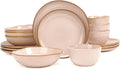 Highland 16pc Dinnerware Set, Unique Organic Shape Double Bowl， Stoneware Plate & Bowl Dish Set Service For 4, Scratch Resistant, Microwave & Dishwasher Safe, Natural Reactive Glaze, Pink