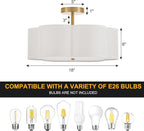 Modern Semi Flush Mount Ceiling Light Modern Gold 3-Lights Drum Ceiling Lighting Fixture Vintage Linen Golden Ceiling Lamp for Laundry Room, Kitchen, Basement, Dining Room, Bedroom