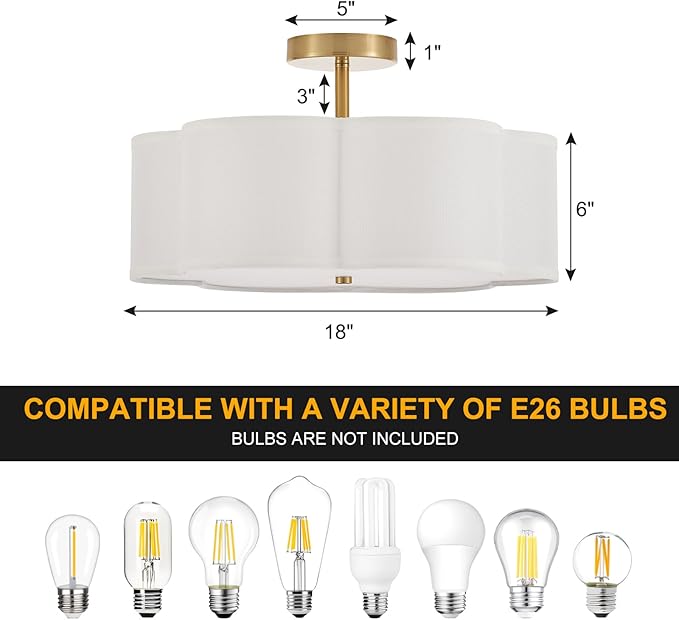 Modern Semi Flush Mount Ceiling Light Modern Gold 3-Lights Drum Ceiling Lighting Fixture Vintage Linen Golden Ceiling Lamp for Laundry Room, Kitchen, Basement, Dining Room, Bedroom
