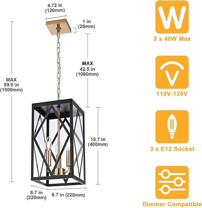 3-Light Outdoor Pendant Lights for Porch 15.7'' Outdoor Chandelier Black & Brushed Brass Exterior Hanging Porch Light Fixtures w/Clear Glass, Waterproof Outside Pendant Lantern for Front Door