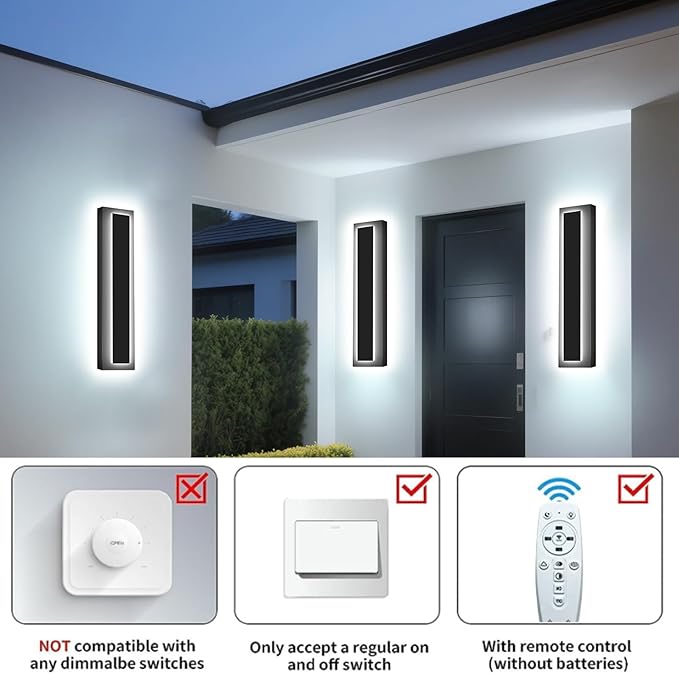 Picico 24in Modern LED Outdoor Wall Lights, Dimmable Black Exterior Wall Sconce Lighting Fixtures, Rectangular Mini Outdoor Garage Lights, 360° Beam Angle,Vertical Outdoor Lights for House Porch